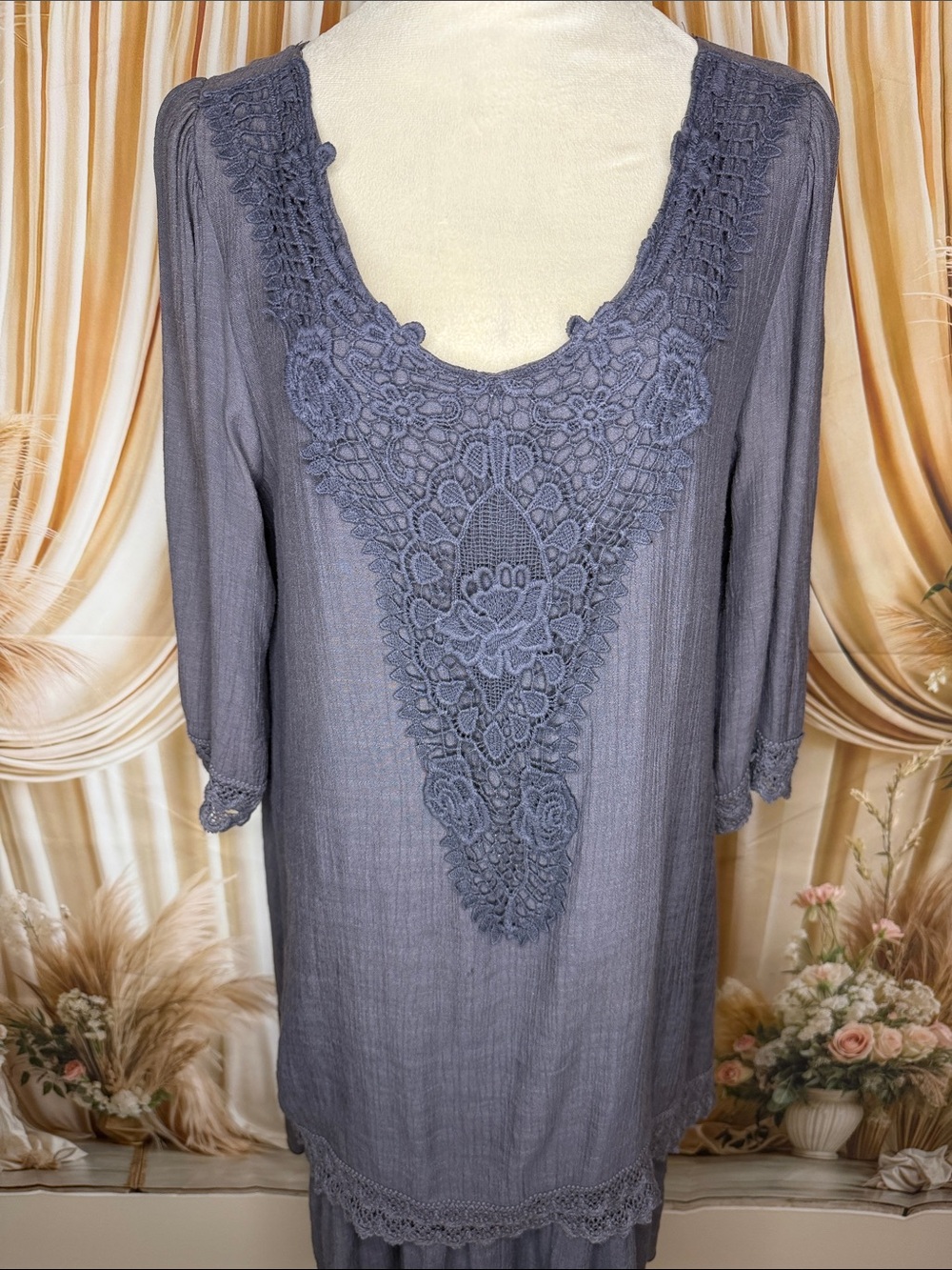 L&B Women's Midi Dress in Slate Blue with Crochet Lace Bib